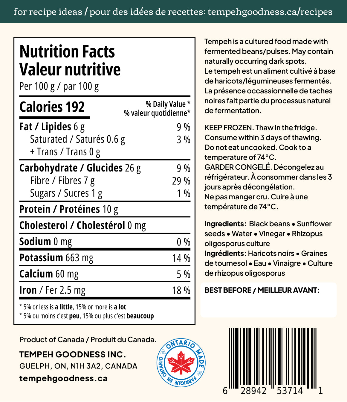 Black Bean & Sunflower Seed Tempeh, 300g – 12 per case