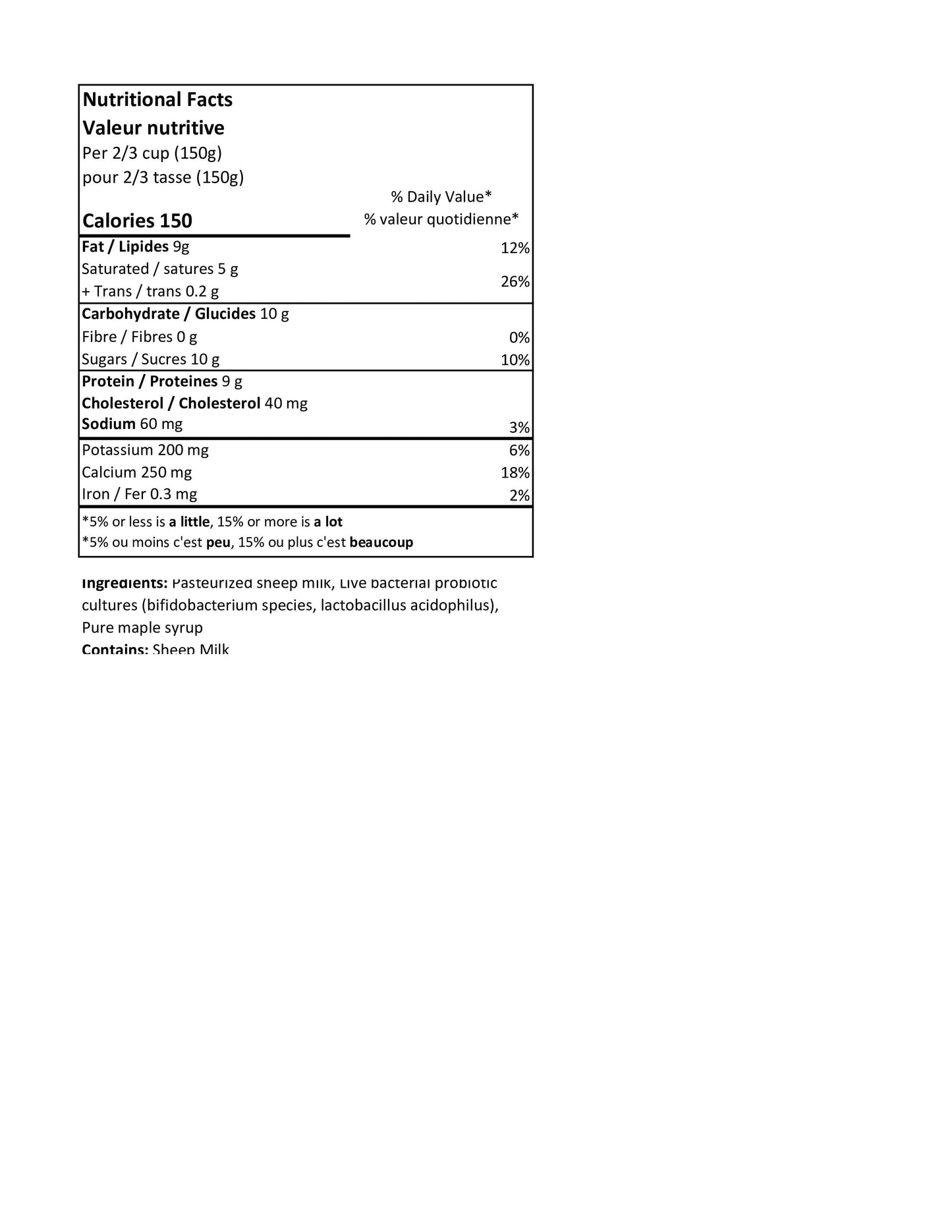 150g Maple Sheep Yogurt - RETAIL PACKAGING - SALE 25% OFF reg. $2.15