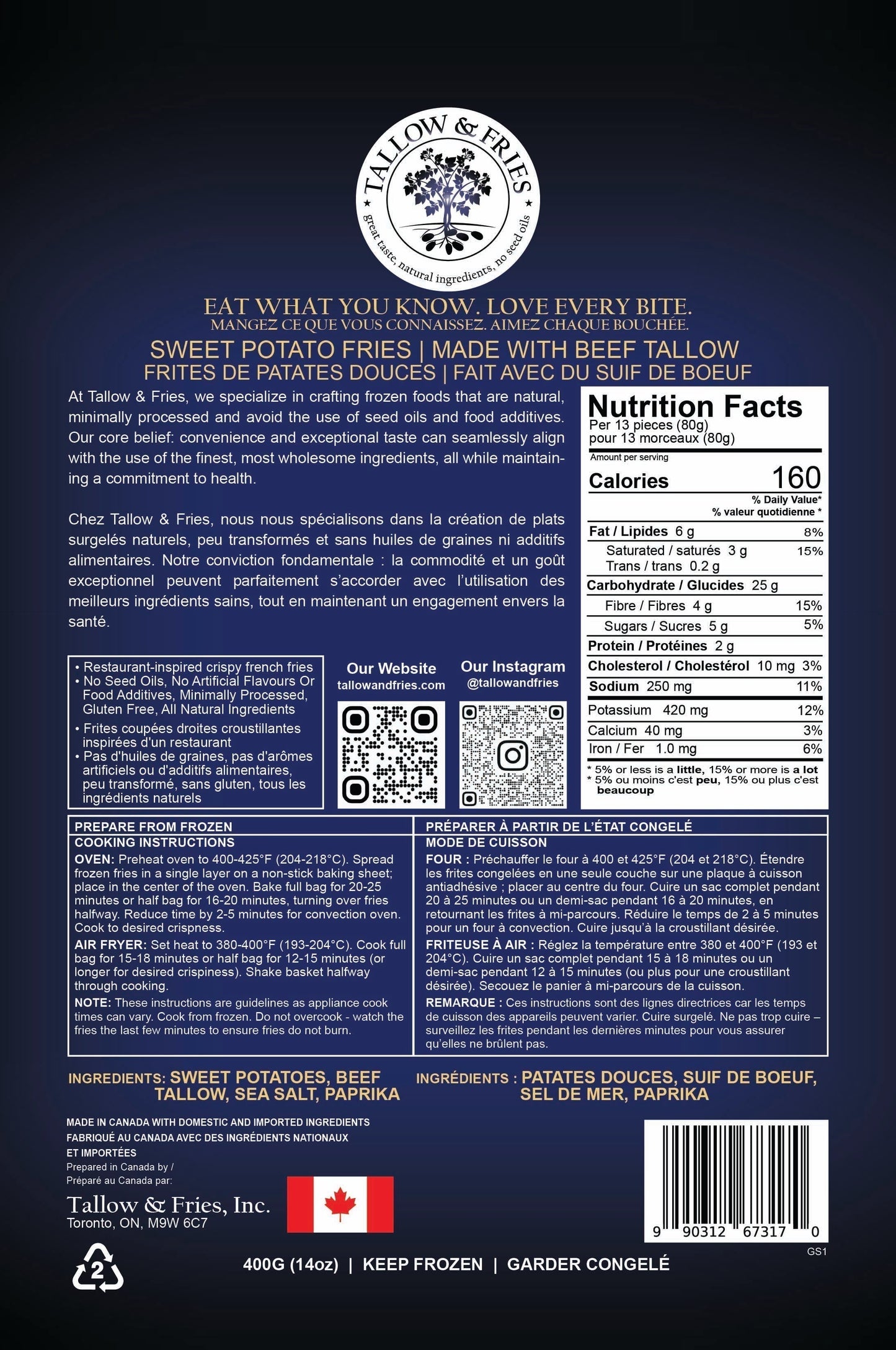 Sweet Potato Fries back of packaging Tallow & Fries