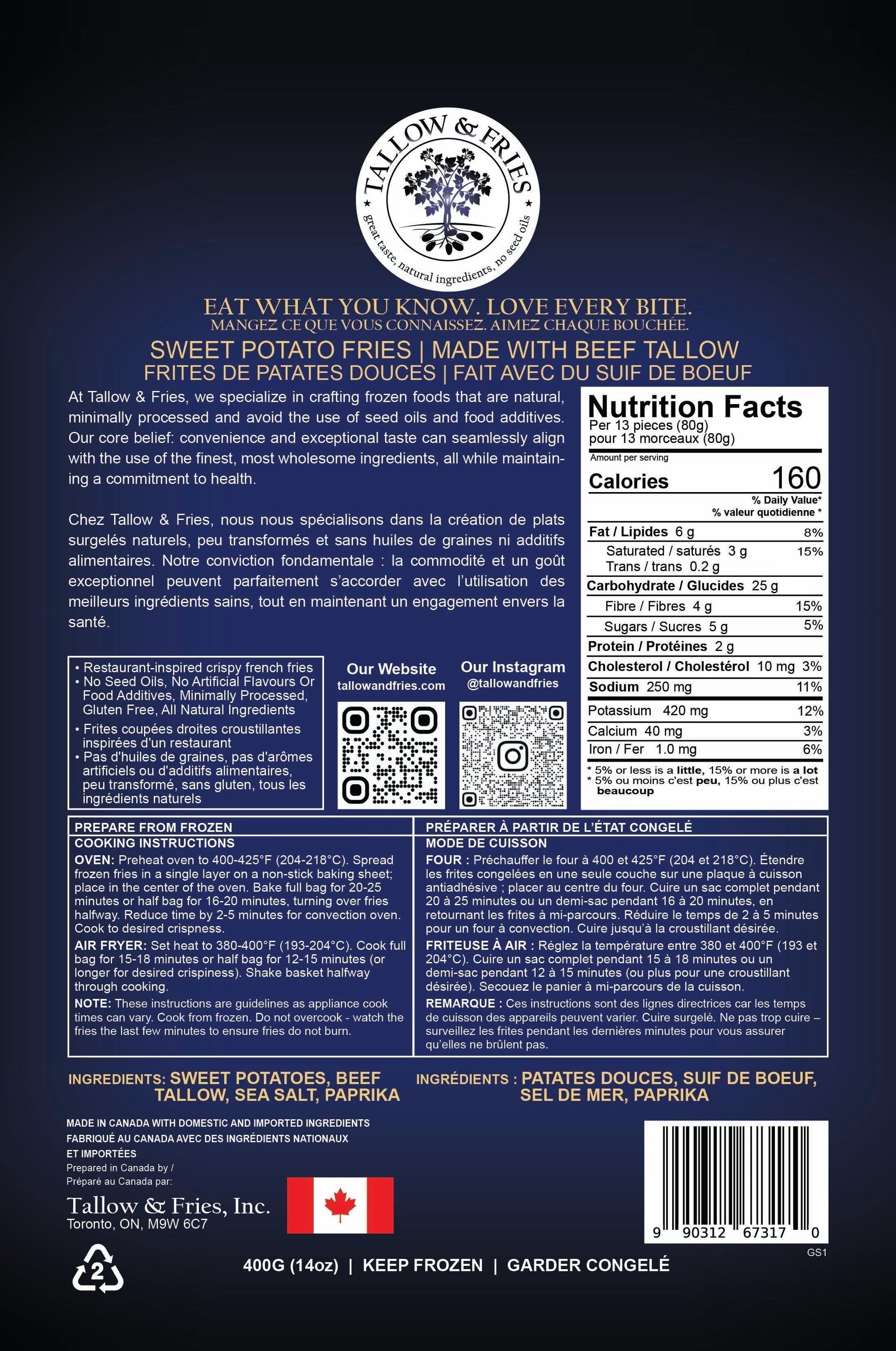 Sweet Potato Fries back of packaging Tallow & Fries