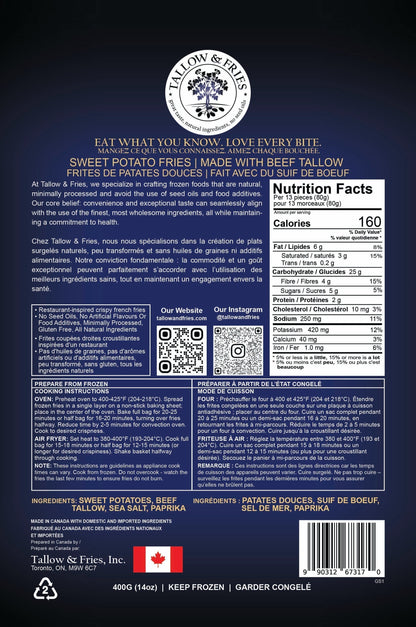 Sweet Potato Fries back of packaging Tallow & Fries